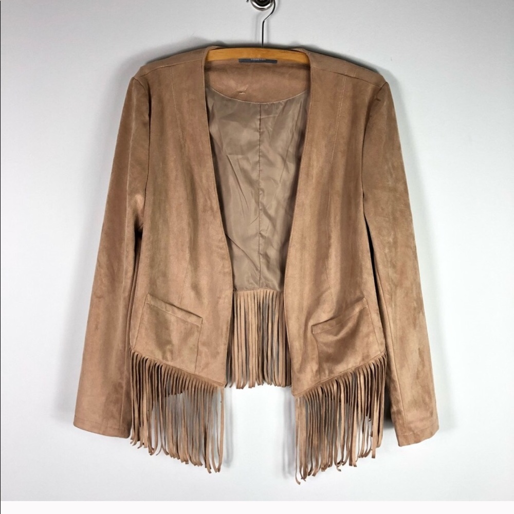 Bagatelle Suede Fringe Crop Jacket Tan Coat L - Picture 2 of 8